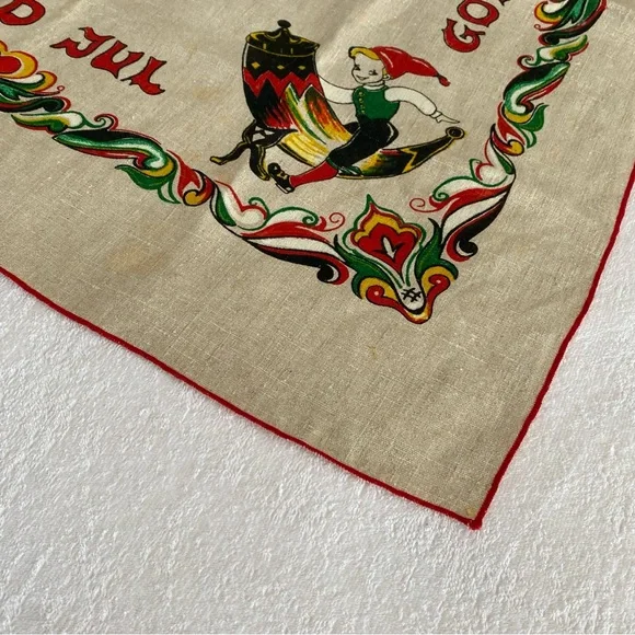 Vintage Norwegian Merry Christmas God Jul Linen Square Table Cloth - Picture 3 of 7